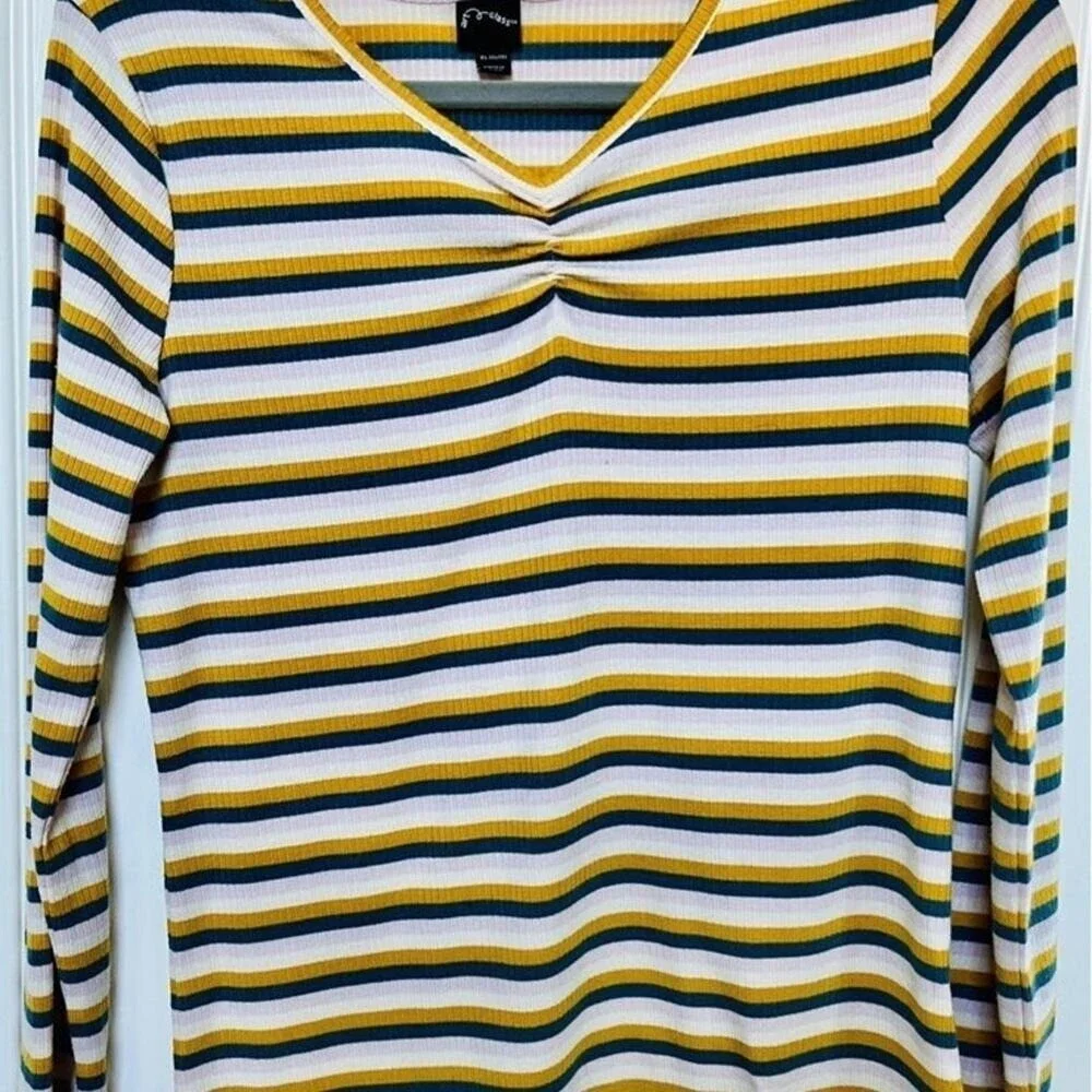 Girls XL 14/16 Long Sleeve Striped Ribbed Top Mustard Navy White V-Neck